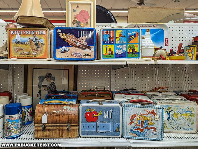 Collectible lunch boxes at Hoke-E-Geez antique store in Bedford Pennsylvania.
