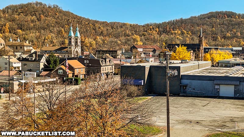 View of Cambria City from the rooftop garden at the Johnstown Heritage Discovery Center in Cambria County Pennsylvania.