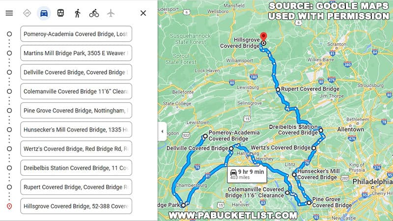 Road trip itinerary and map to visit the ten longest covered bridges in Pennsylvania.