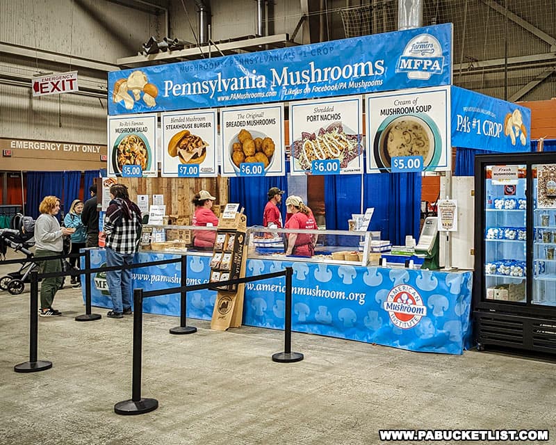 Mushroom-themed food stand at the Farm Show food court.