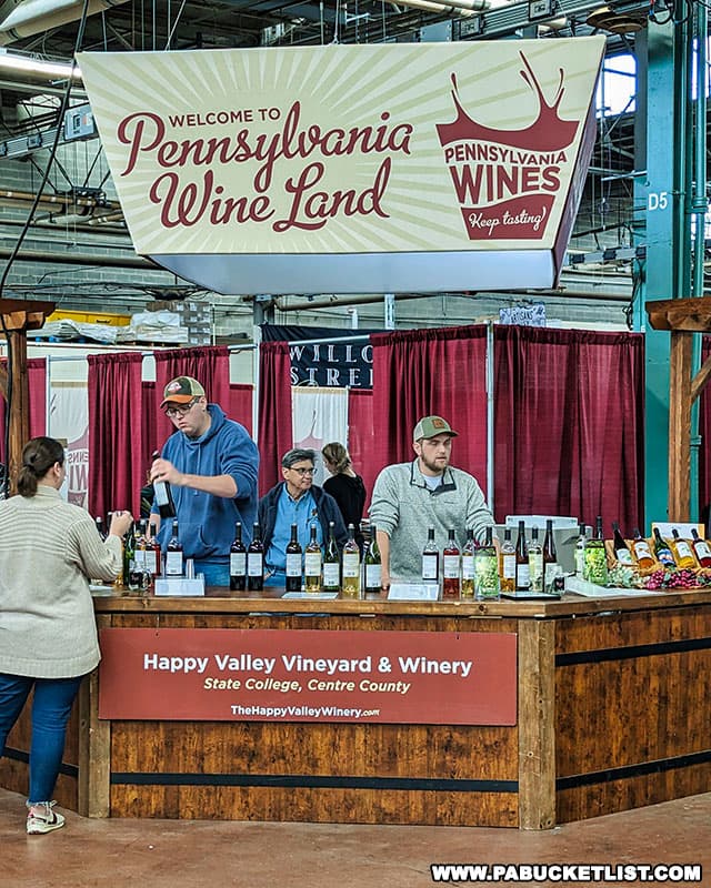 Pennsylvania wineries serving samples of their products at the Pennsylvania Farm Show in Harrisburg.