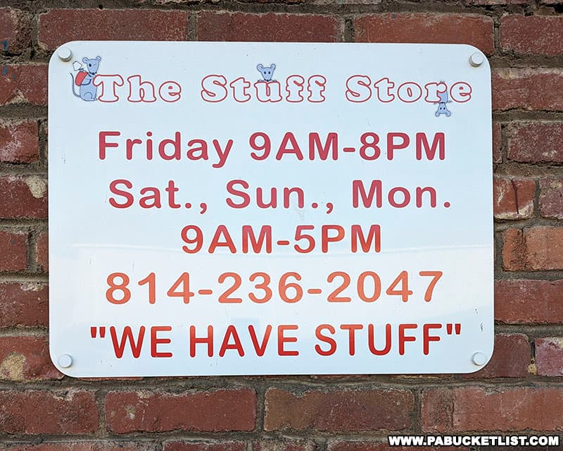 Hours of operation at The Stuff Store in Curwensville Pennsylvania.