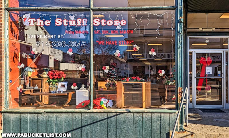 Front window of the Stuff Store in Curwensville Pennsylvania.