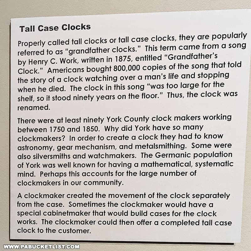 Tall Case Clocks exhibit at the York County Historical Society Museum in York PA.