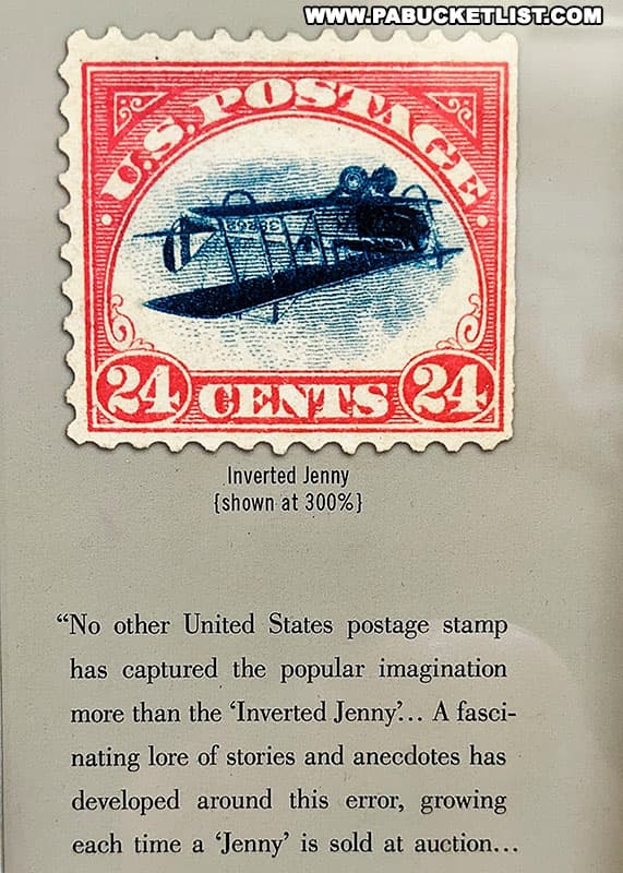 An exhibit about the Inverted Jenny postage stamp at the American Philatelic Center in Bellefonte Pennsylvania.