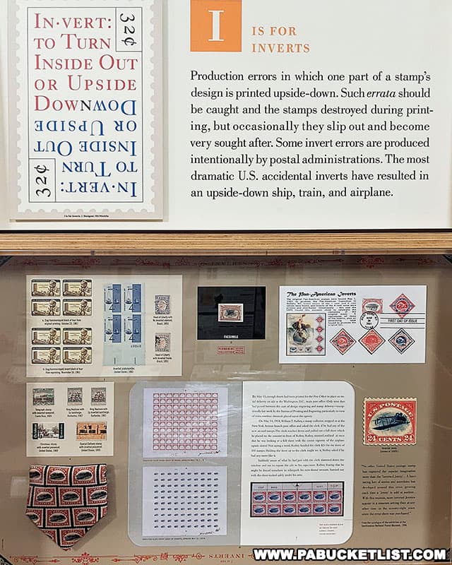 An exhibit about inverted postage stamps at the American Philatelic Center in Bellefonte Pennsylvania.