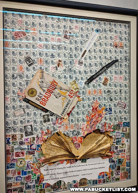An art collage made up predominantly of postage stamps on display at the American Philatelic Center in Bellefonte Pennsylvania.