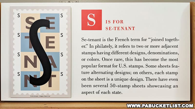 An exhibit about se-tenant (joined together) stamps at the American Philatelic Center in Bellefonte Pennsylvania.