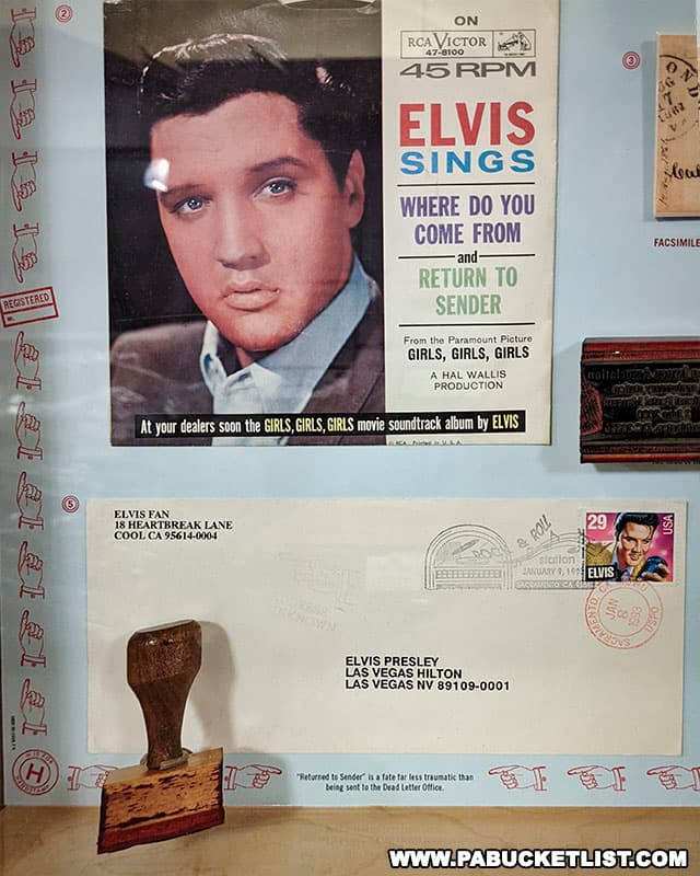 An exhibit featuring the Elvis stamp at the American Philatelic Center in Bellefonte Pennsylvania.