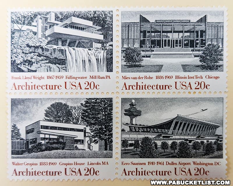 Famous architects featured on U.S. postage stamps featured in an exhibit at the American Philatelic Center in Bellefonte Pennsylvania.