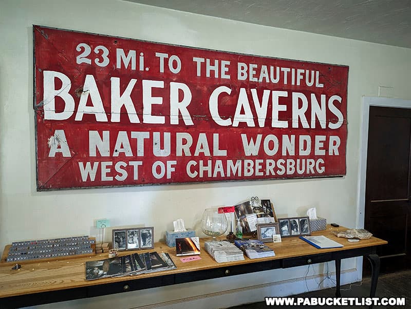 A sign from the original Baker Cavers "show cave" era, now on display on the Black-Coffey Caverns visitor center.