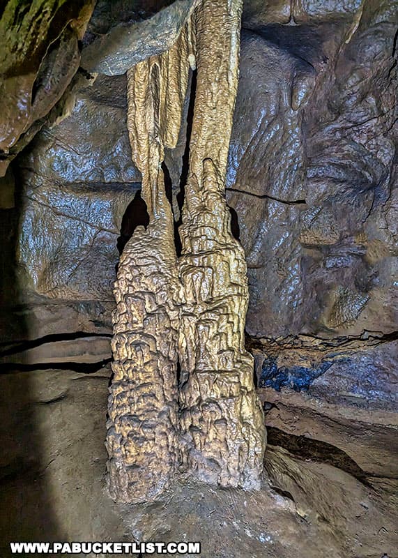 A stalactite and stalagmite merge to form a column inside Black-Coffey Caverns in Franklin County Pennsylvania.