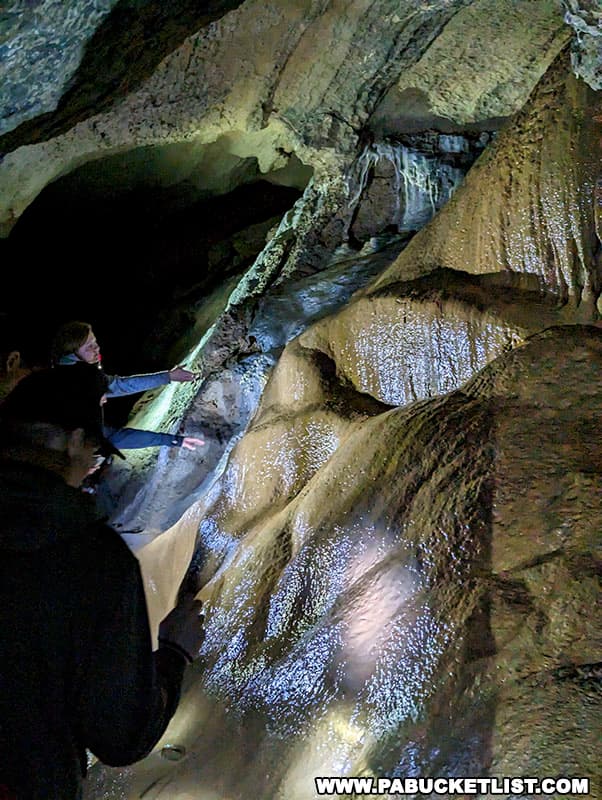 One of the larger flowstone formations inside Black-Coffey Caverns resembles a waterfall.