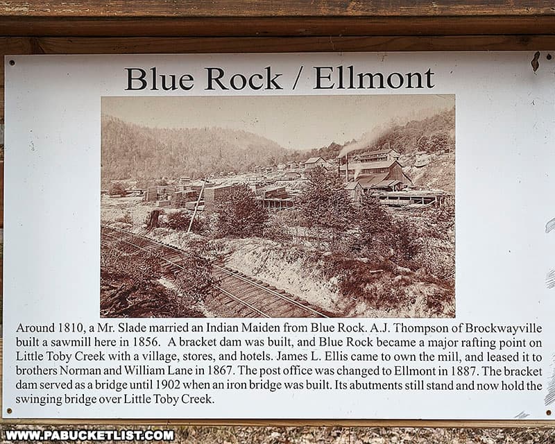 History of the ghost towns of Blue Rock and Ellmont which existed on opposite sides of what is now known as the Blue Rock Swinging Bridge.