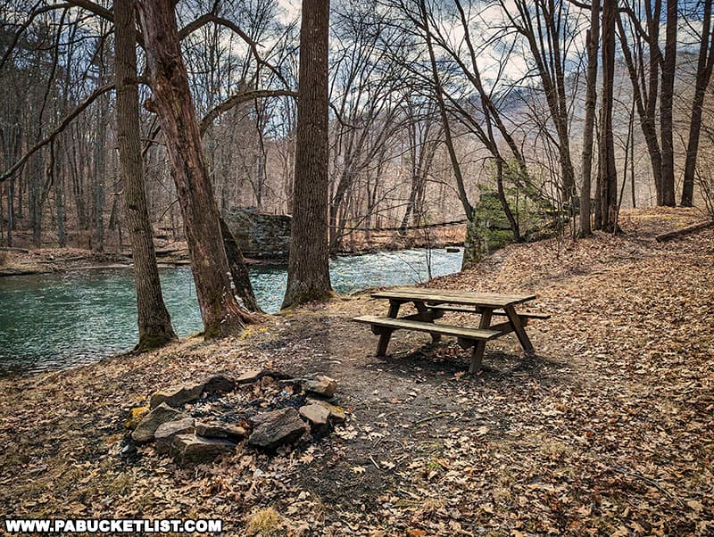 Picnic area on the western side of the Blue Rock Swinging Bridge in Elk County Pennsylvania.