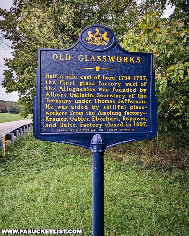 Historical marker in memory of Albert Gallatin's glass factory near Friendship Hill in Fayette County Pennsylvania.