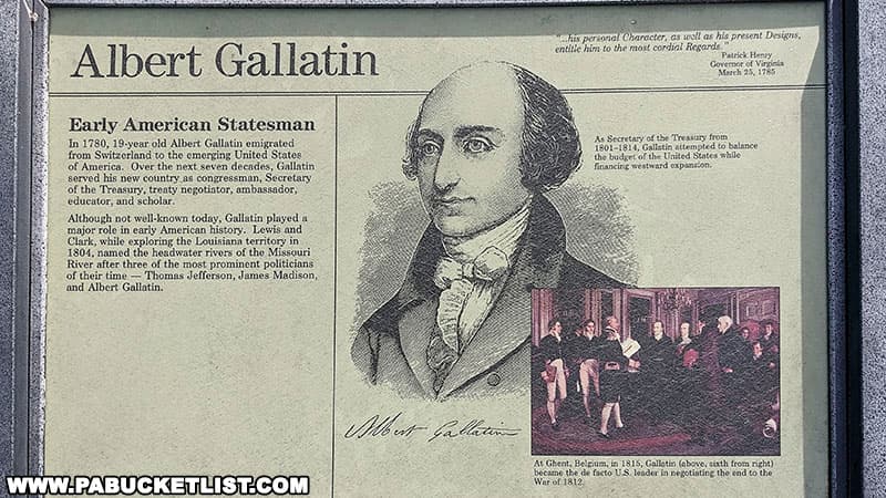An informational display outside Albert Gallatin's home at Friendship Hill detailing some of his career achievements.