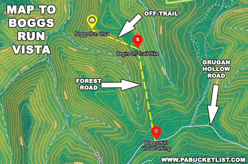 A map from the the trailhead along Grugan Hollow Road to Boggs Run Vista in the Sproul State Forest.