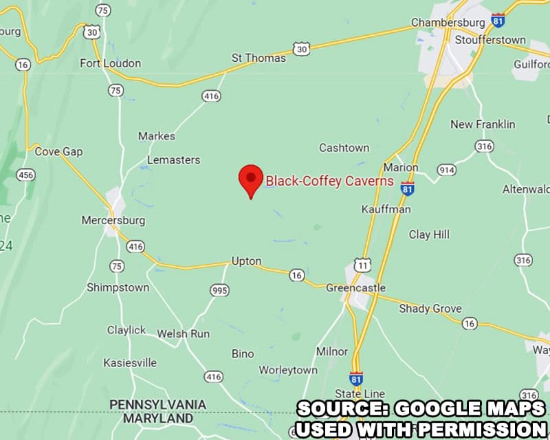 A map to Black-Coffey Caverns near Chambersburg, Pennsylvania.
