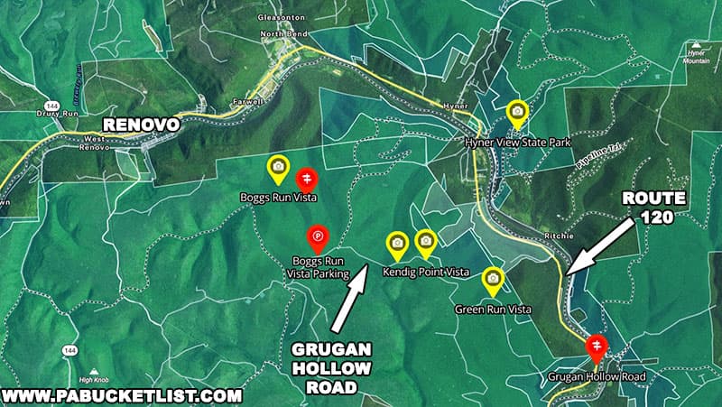 A map to Boggs Run Vista, located between Renovo and Hyner View State Park in Clinton County PA.