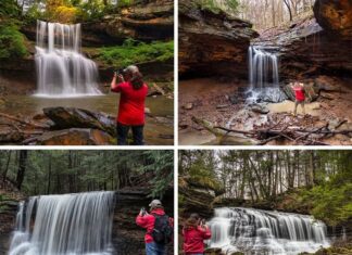 A collage of images featuring the best waterfalls near Pittsburgh Pennsylvania.