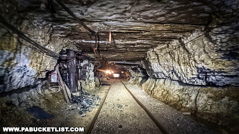 View from inside the mine car as you descend below the Earth's surface.