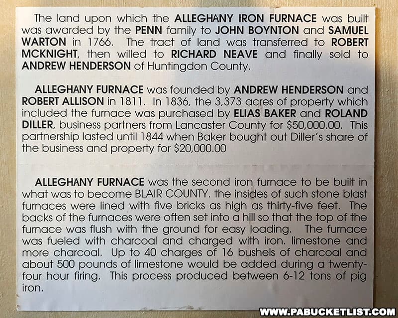 History of the Alleghany Furnace near the Baker Mansion in Altoona Pennsylvania.