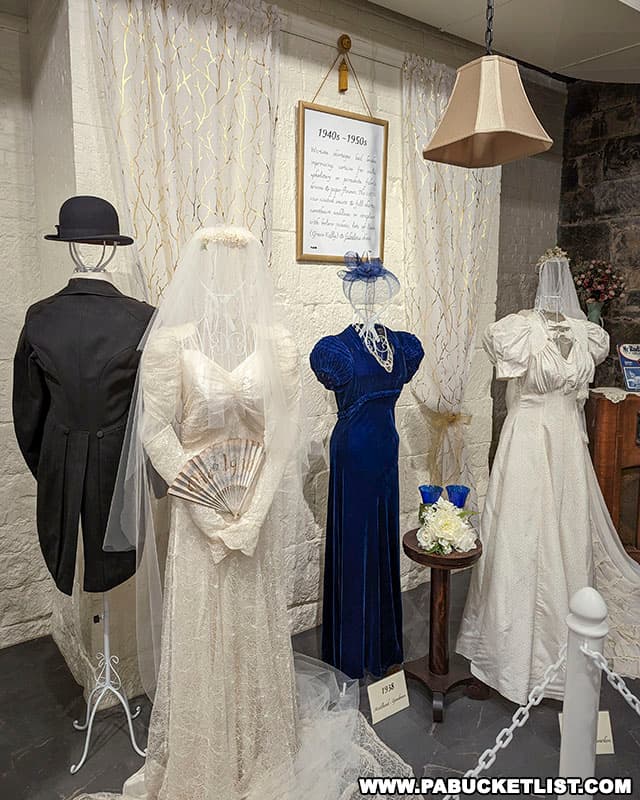 An exhibit featuring bridal dresses from different eras was featured during my visit to the Baker Mansion just before Christmas in 2022.