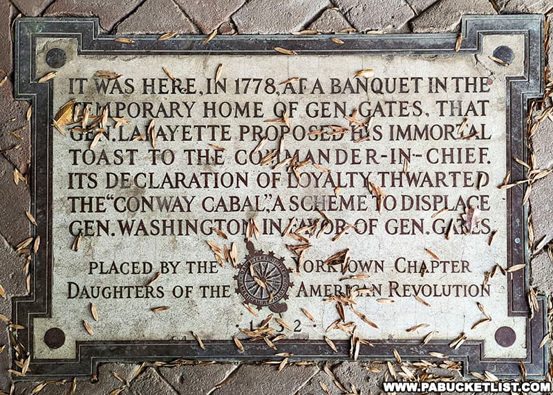 A plaque commemoration General Lafayette's thwarting of the Conway Cabal at the Colonial COmplex in York Pennsylvania.