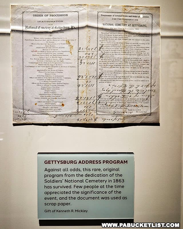 An original program from the dedication of the Soldiers' National Cemetery on display at the Gettysburg Beyond the Battle Museum in Gettysburg Pennsylvania.