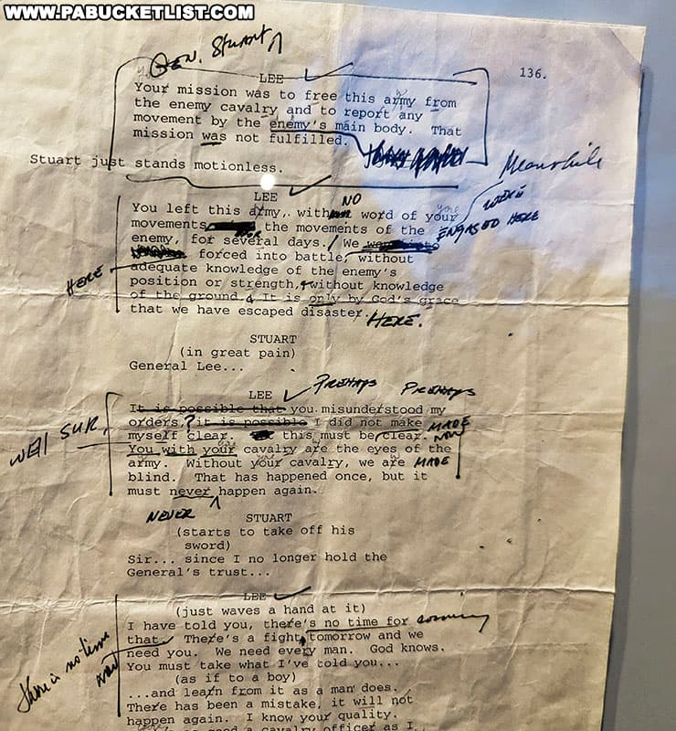 Martin Sheen's hand-written notes on his copy of the script from the movie Gettysburg at the Gettysburg Beyond the Battle Museum in Gettysburg Pennsylvania.