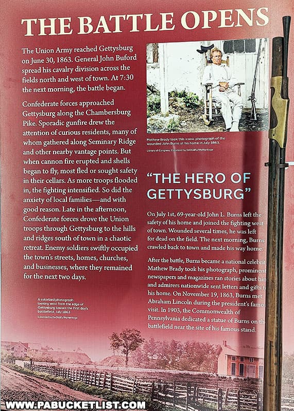 Exhibit featuring citizen-soldier John Burns at the Gettysburg Beyond the Battle Museum in Gettysburg Pennsylvania.