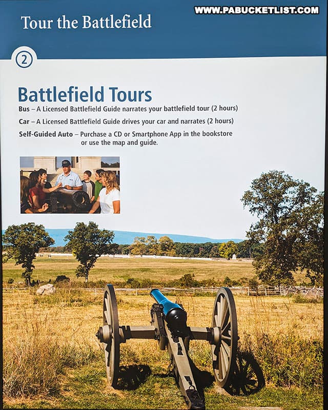 Information about the various options for touring the Gettysburg battlefield.