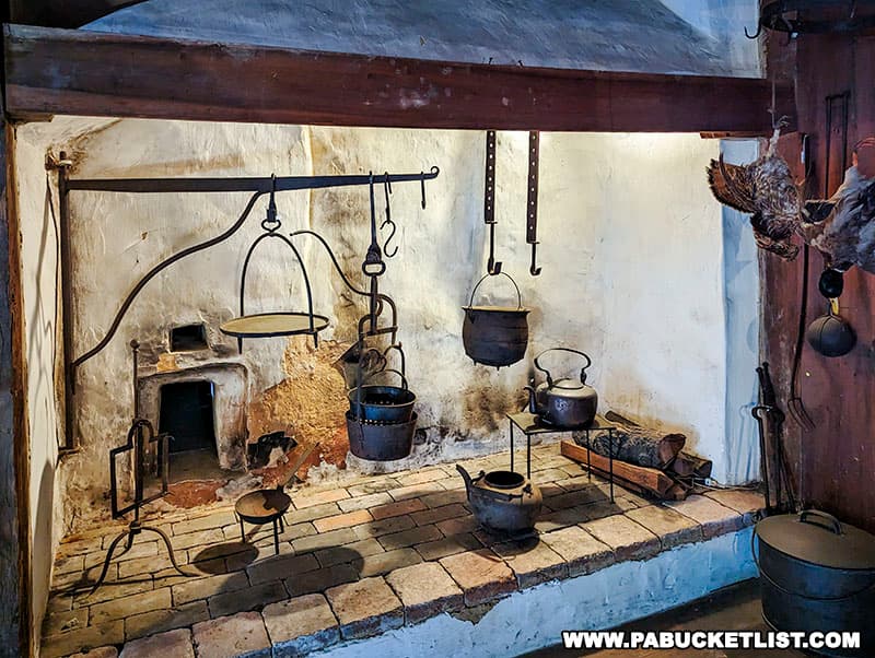 A large hearth fireplace that both cooked food and heated the Golden Plough Tavern at the York Colonial Complex.