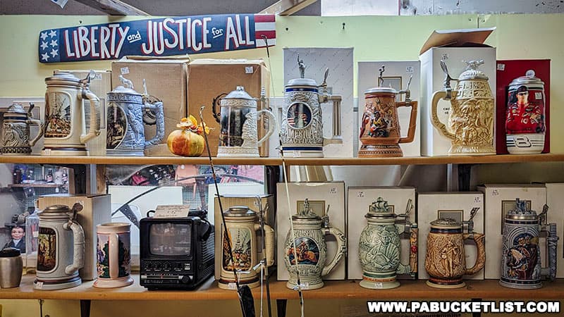 Vintage beer steins for sale at the High Street Emporium Antique Store in Ebensburg Pennsylvania.