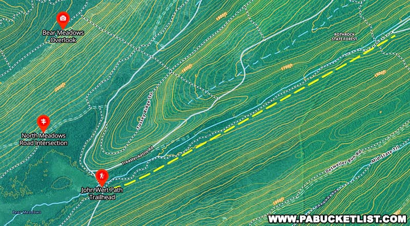A trail map of the John Wert Path near State College Pennsylvania.