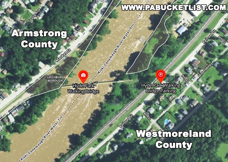 A map to Hyde Park Walking Bridge between Westmoreland and Armstrong counties.
