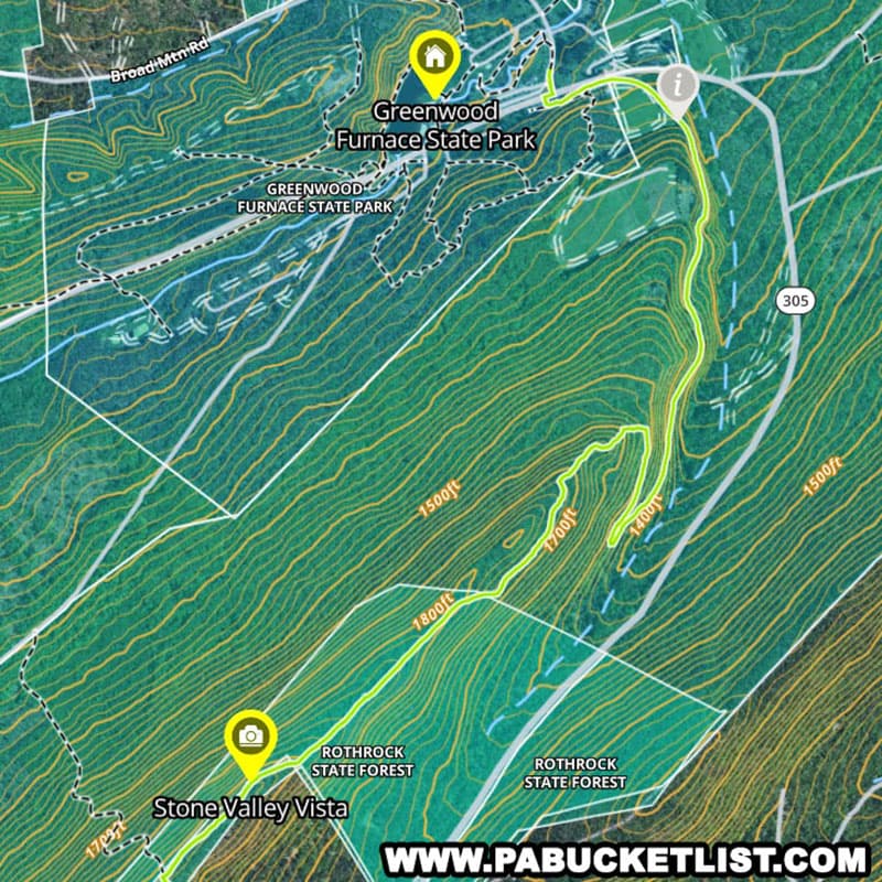 A trail map showing the hike 2.2 mile hike from Greenwood Furnace State Park to Stone Valley Vista in Huntingdon County Pennsylvania.