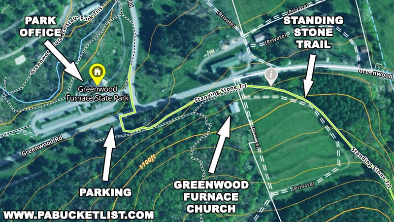 A map showing the parking area and trailhead for the hike to Stone Valley Vista in Huntingdon County Pennsylvania.