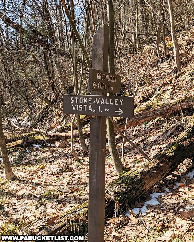 Trail marker at the midpoint on the hike to Stone Valley Vista along the Standing Stone Trail in Huntingdon County Pennsylvania.