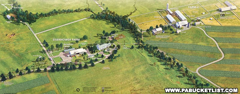 Aerial rendering of the Eisenhower National Historic Site in Gettysburg (public domain image).