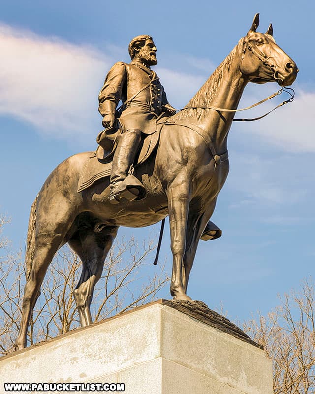 Statue of General Lee on top of the Virginia Monument on the Gettysburg battlefield.