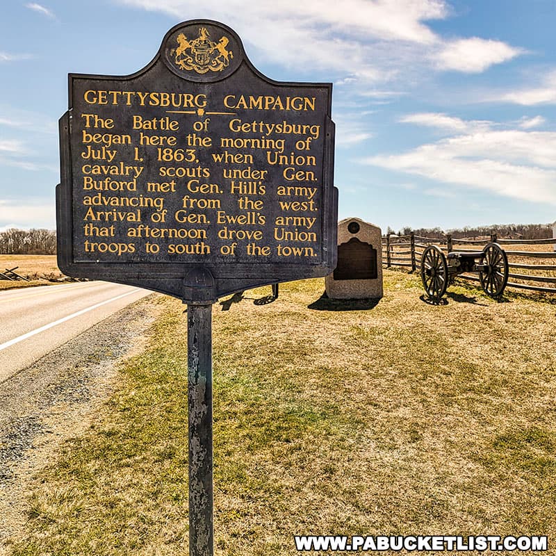 Pennsylvania historical marker near the site where the first shots of the Battle of Gettysburg were fired.