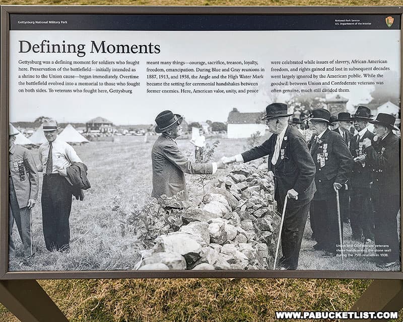 Informational signage on the Getysburg battlefield depicting one of the reunions between Union and Confederate veterans of the battle.