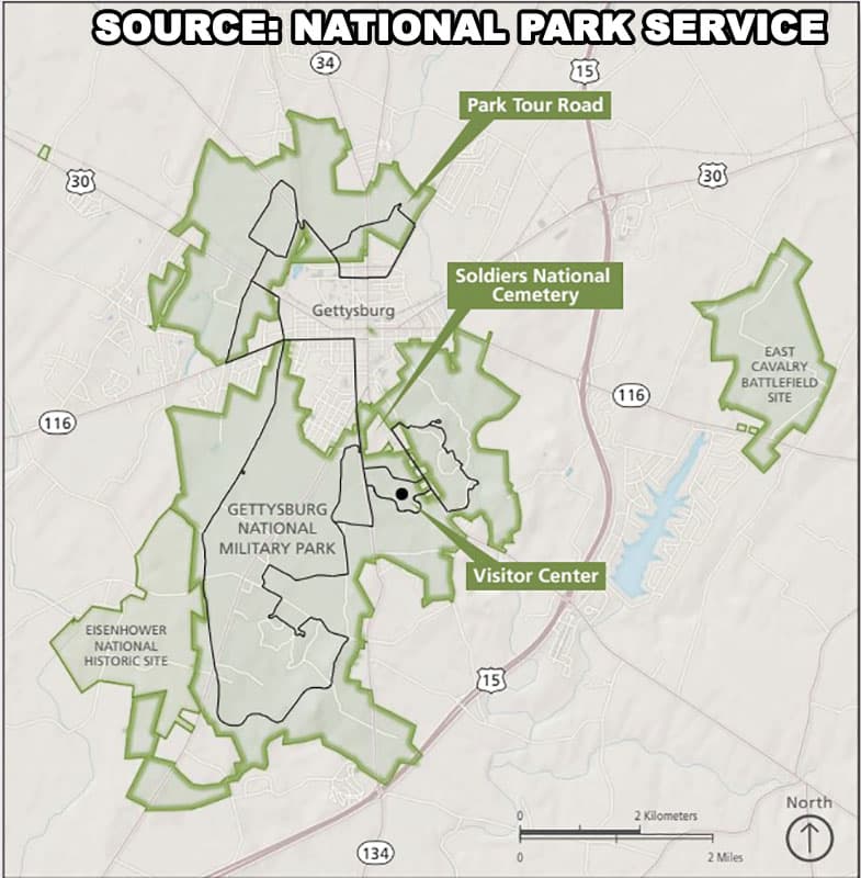 A map showing the size and location of the Gettysburg National Military Park in relation to the town of Gettysburg.