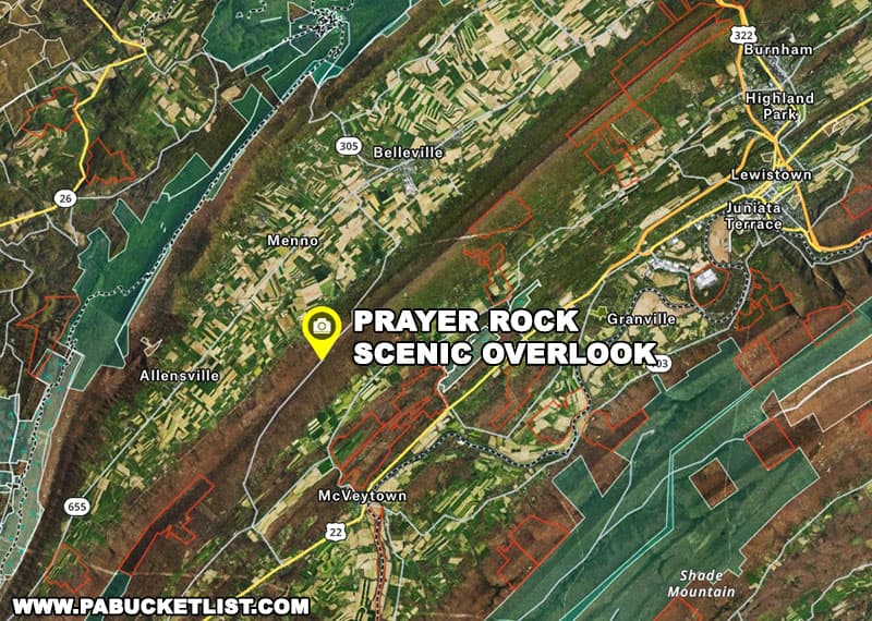 A map to Prayer Rock Scenic Overlook in Mifflin County Pennsylvania.