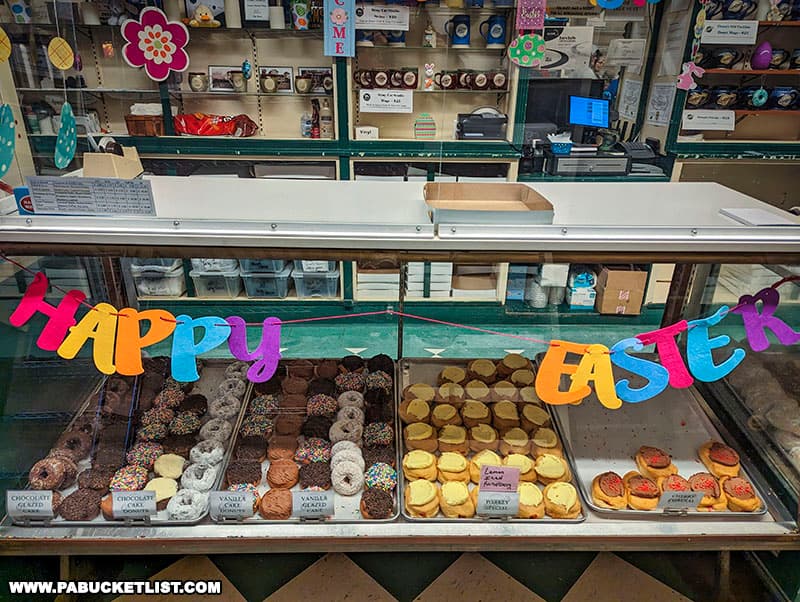 The bakery counter at Oram's Donuts in Beaver Falls Pennsylvania.