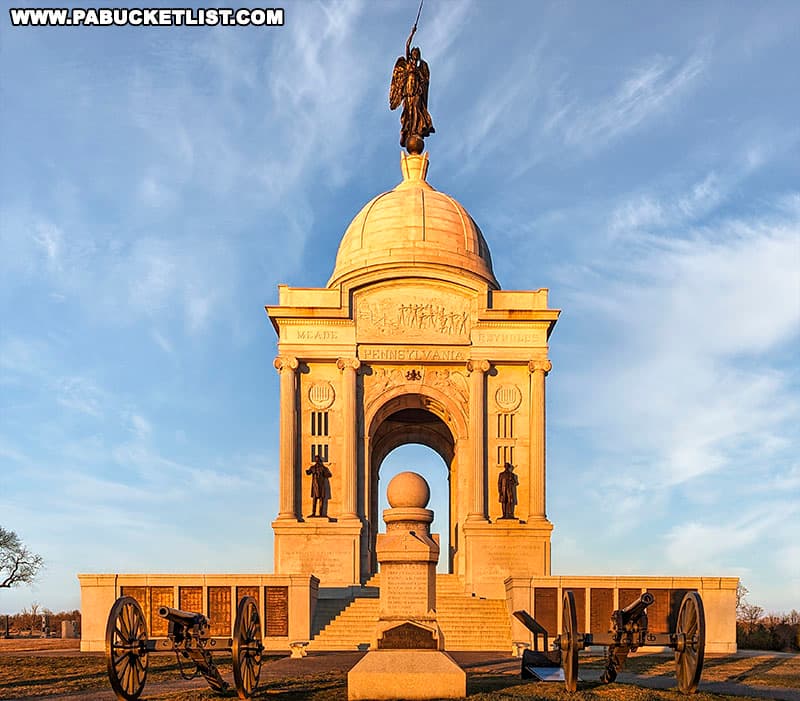 The statue "Winged Victory" on top of the Pennsylvania monument dome was created from melted down Civil War cannons and stands roughly 100 feet above the ground.