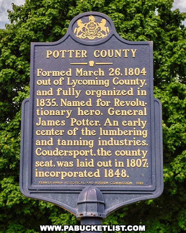Potter County historical marker near the county courthouse in Coudersport.