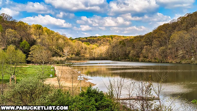 The swimming area at Raccoon Lake at Raccoon Creek State Park.